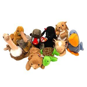 Ty Beanie Babies Lot of 10 Horse Baboon Poodle Turtle Bear Squirrel Kiwi Pelican